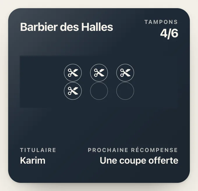 Carte de fidélité du Barbier des Halles : six cercles avec des ciseaux sur fond bleu nuit, quatre tamponnés, une coupe offerte