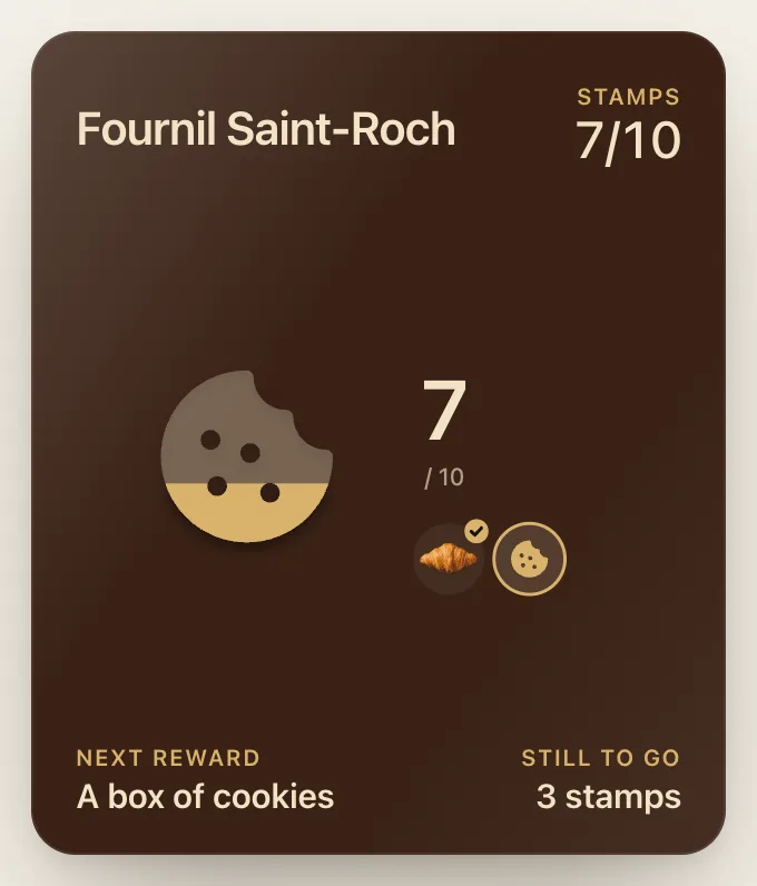 Fournil Saint-Roch loyalty card: a cookie filling up, seven visits out of ten, a croissant already earned