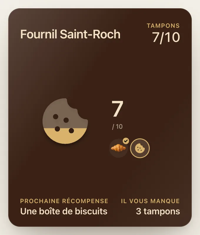 Carte de fidélité du Fournil Saint-Roch : un biscuit qui se remplit, sept passages sur dix, un croissant déjà gagné