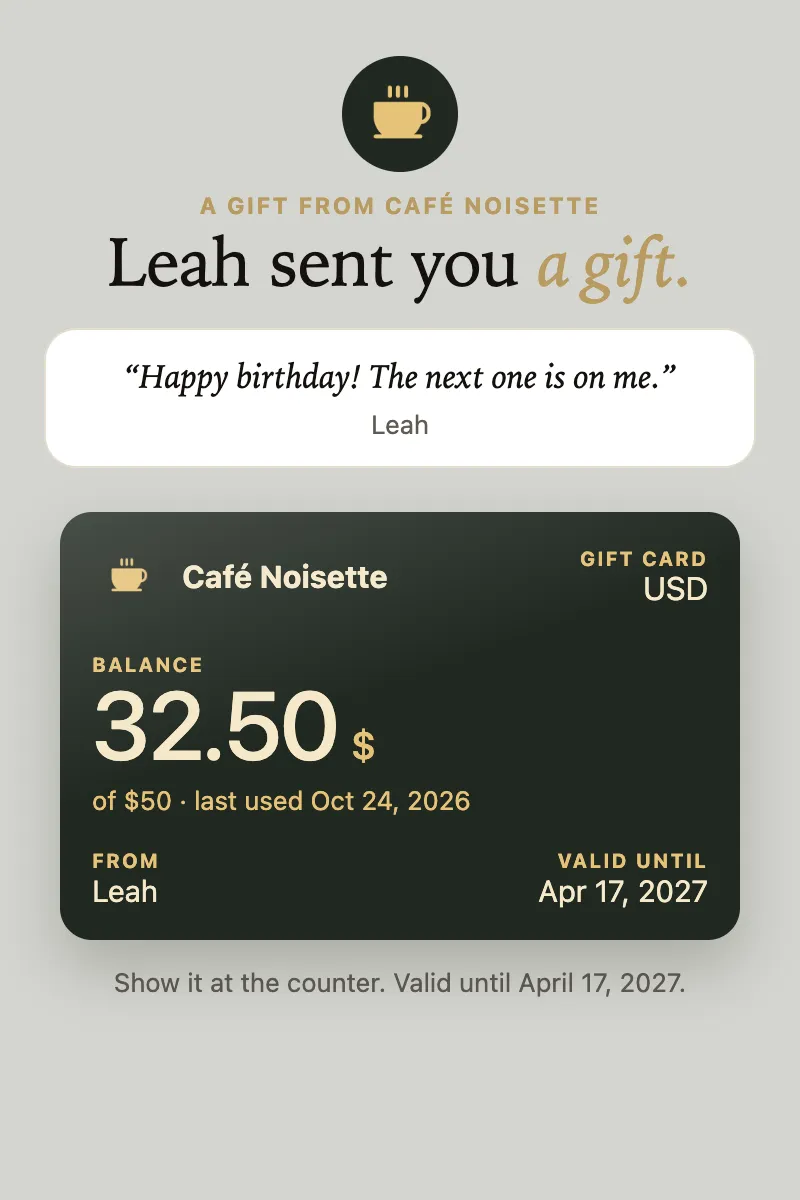 The page the recipient opens: Leah’s message, the card and its balance