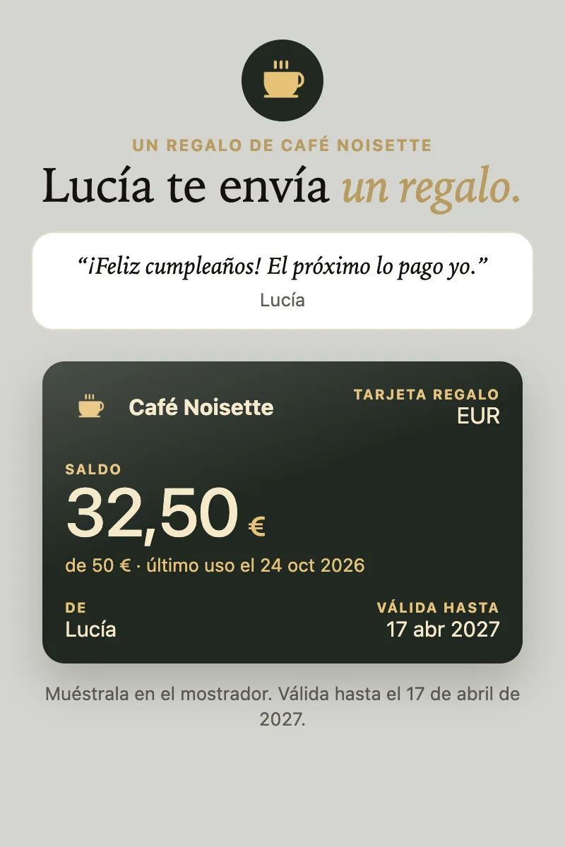 La página que recibe la persona a la que se regala la tarjeta: el mensaje de Lucía, la tarjeta y su saldo