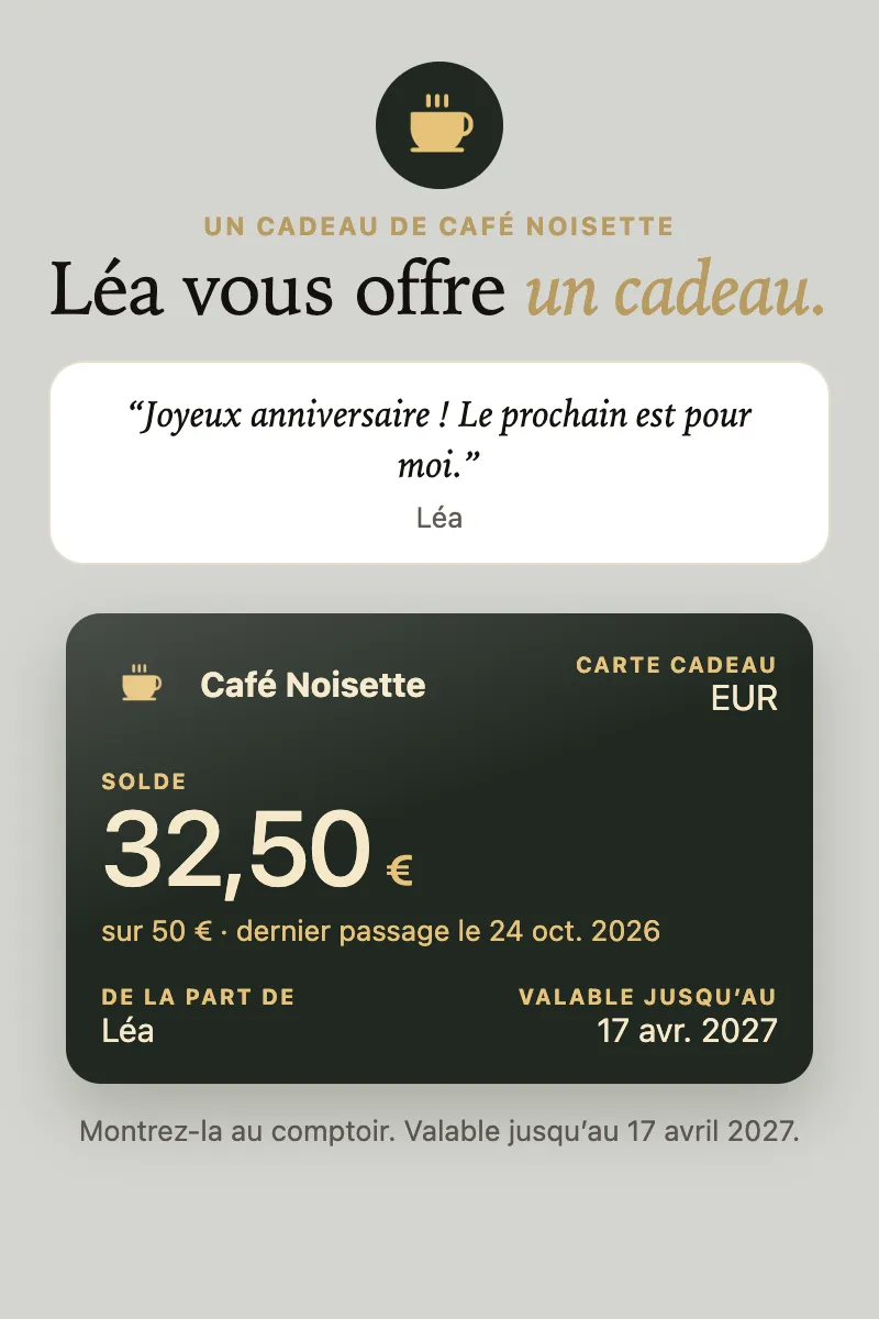 La page que reçoit la personne à qui l’on offre la carte : le mot de Léa, la carte et son solde