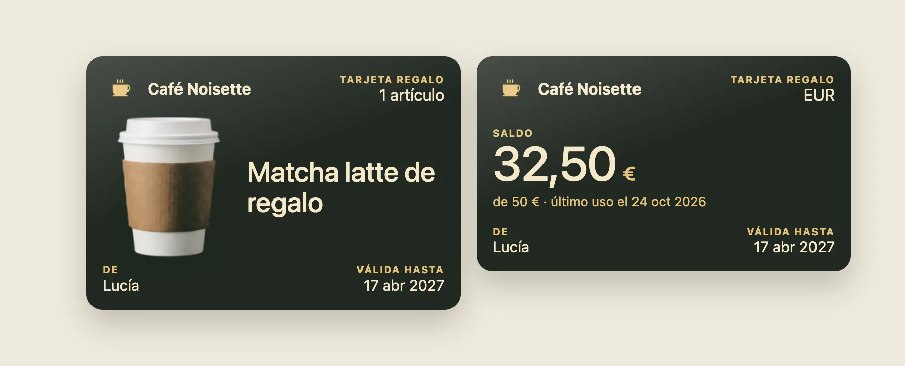 Dos tarjetas regalo del Café Noisette en el Wallet: un matcha latte de regalo y una tarjeta de 50 € con 32,50 € de saldo
