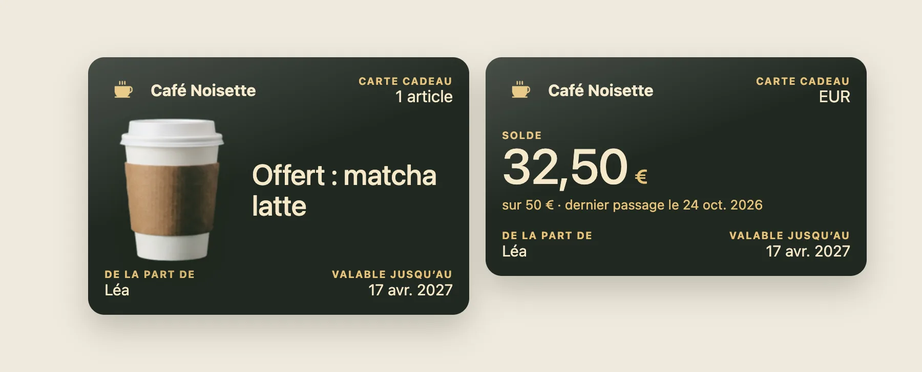 Deux cartes cadeaux du Café Noisette dans le Wallet : un matcha latte offert, et une carte de 50 € dont il reste 32,50 €