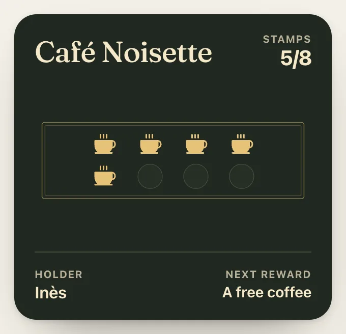 Café Noisette loyalty card: eight gold cups on a dark green background, five stamped, a free coffee