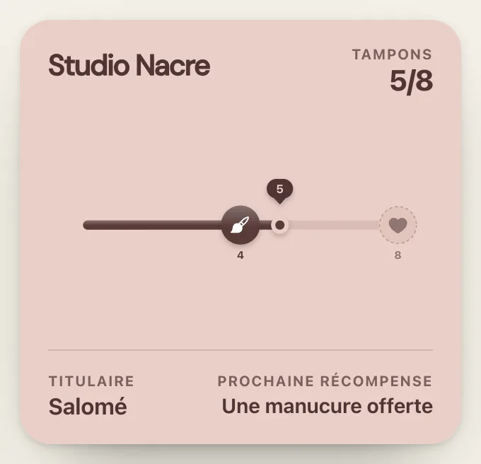 Carte de fidélité du Studio Nacre : une ligne de médailles, une pose de vernis à 4 passages, une manucure à 8