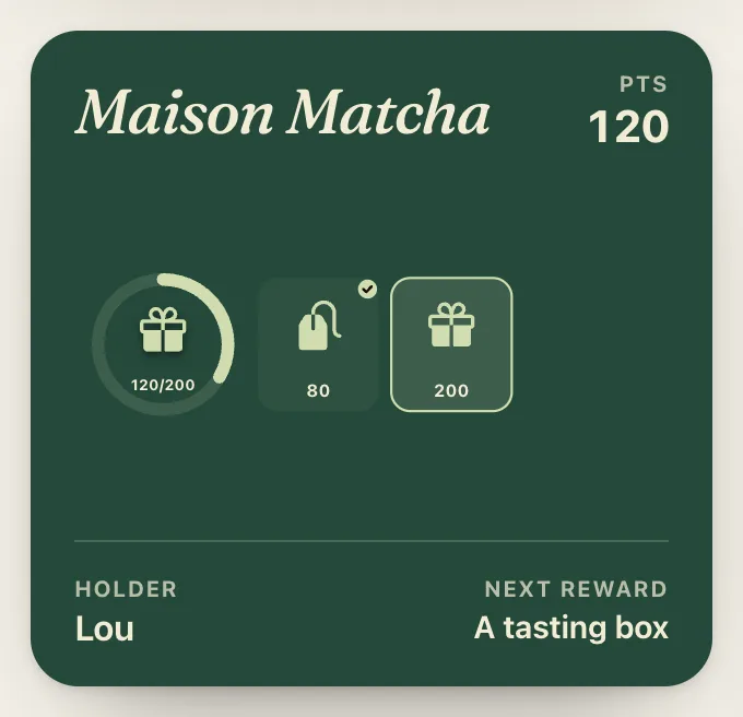 Maison Matcha points card: a ring at 120 out of 200 points, a free tea at 80, a tasting box at 200