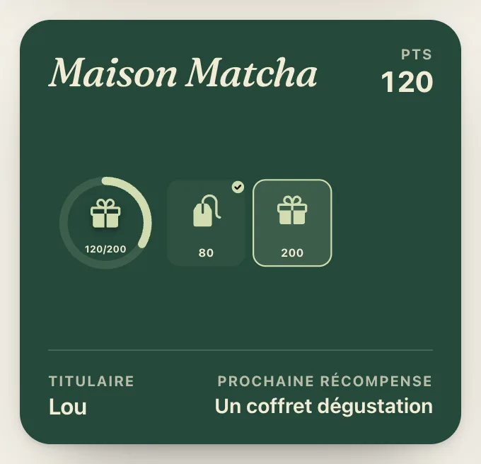 Carte à points de Maison Matcha : un anneau à 120 sur 200 points, un thé offert à 80, un coffret dégustation à 200
