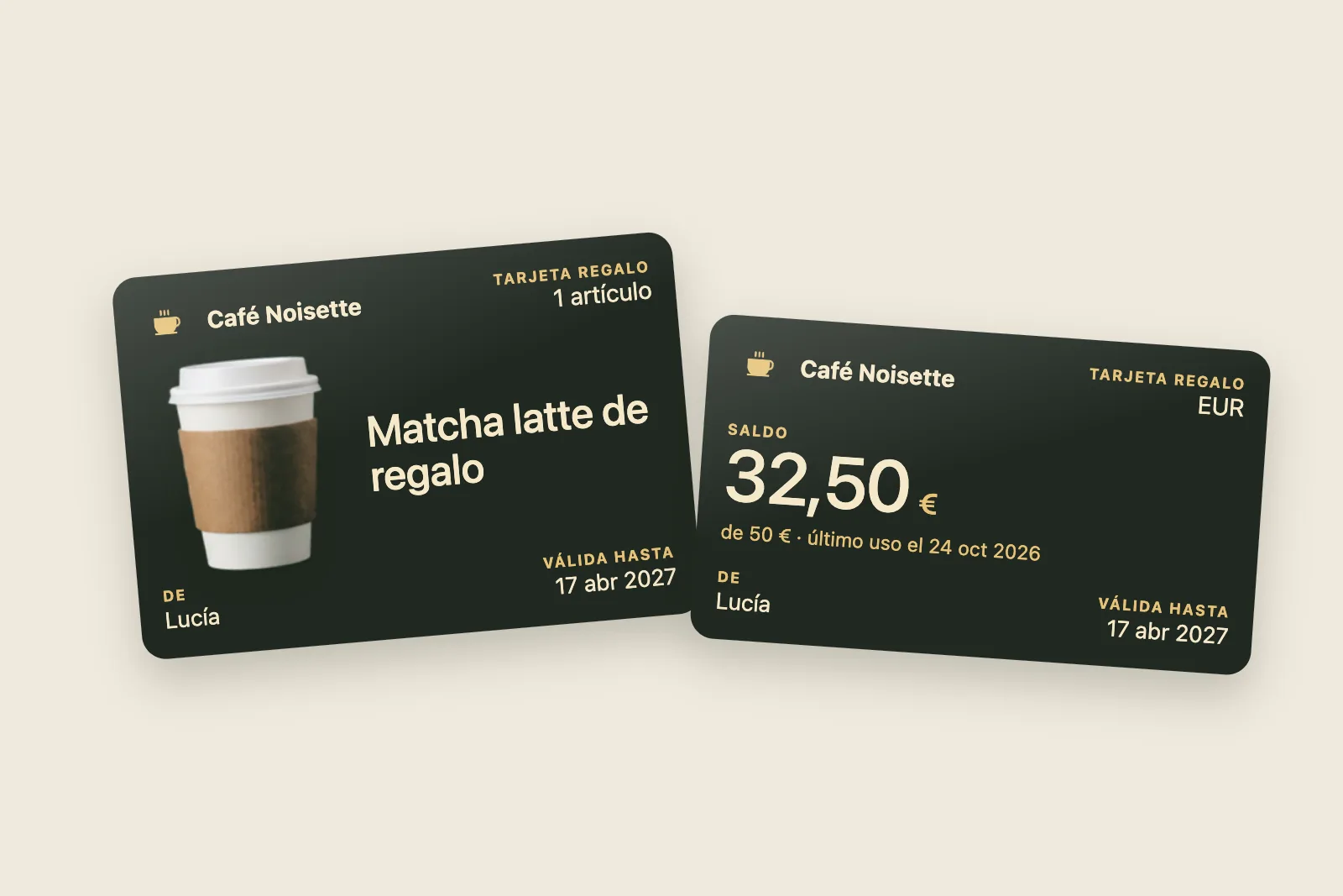 Tarjeta regalo digital para comercios: un producto o un importe, en el Wallet