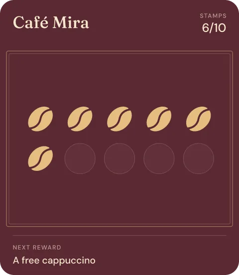 Café Mira loyalty card in the Wallet, 6 of 10 stamps