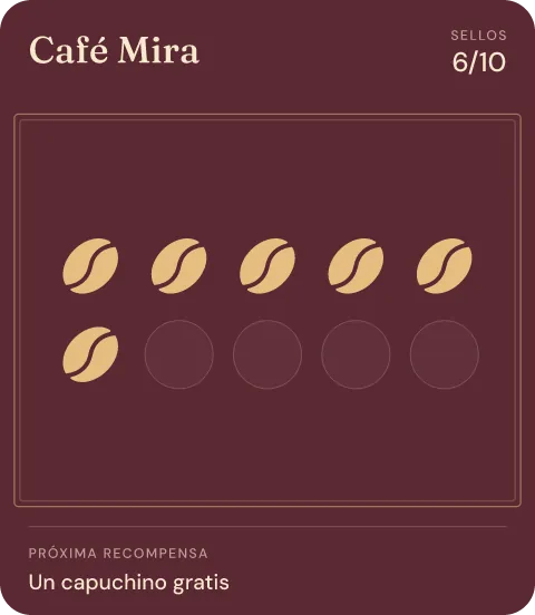 Tarjeta de fidelidad de Café Mira en el Wallet, 6 de 10 sellos
