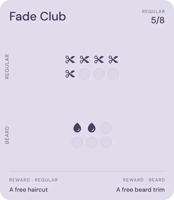 Fade Club loyalty card with stamps, in Apple Wallet