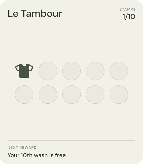 Le Tambour's card just added to the Wallet, with the free sign-up stamp: 1 of 10.