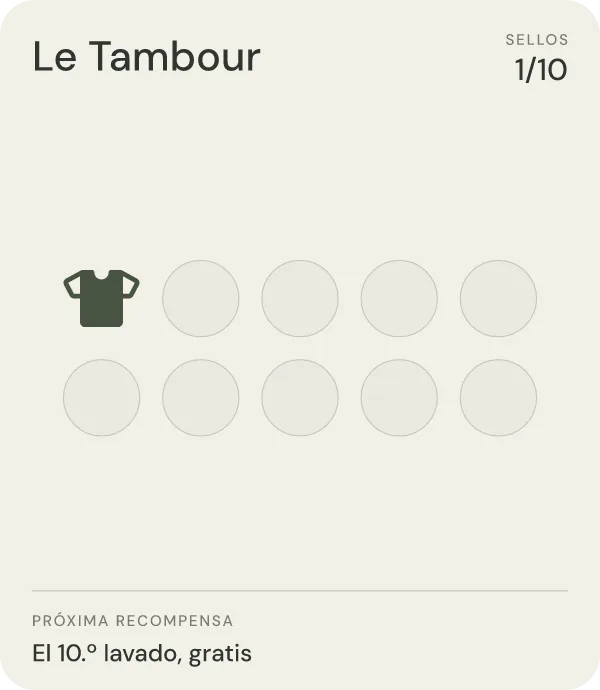 La tarjeta de Le Tambour recién añadida al Wallet, con el sello de regalo del alta: 1 de 10.