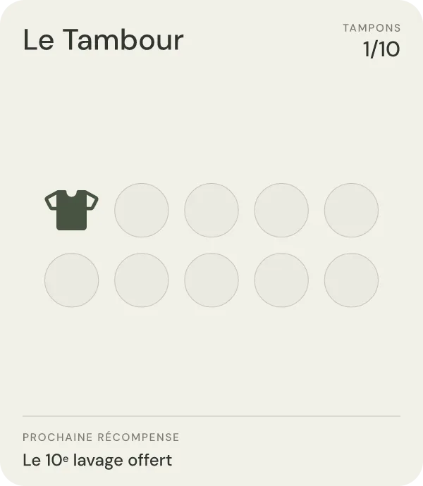 La carte du Tambour juste ajoutée au wallet, avec le tampon offert à l'inscription : 1 sur 10.