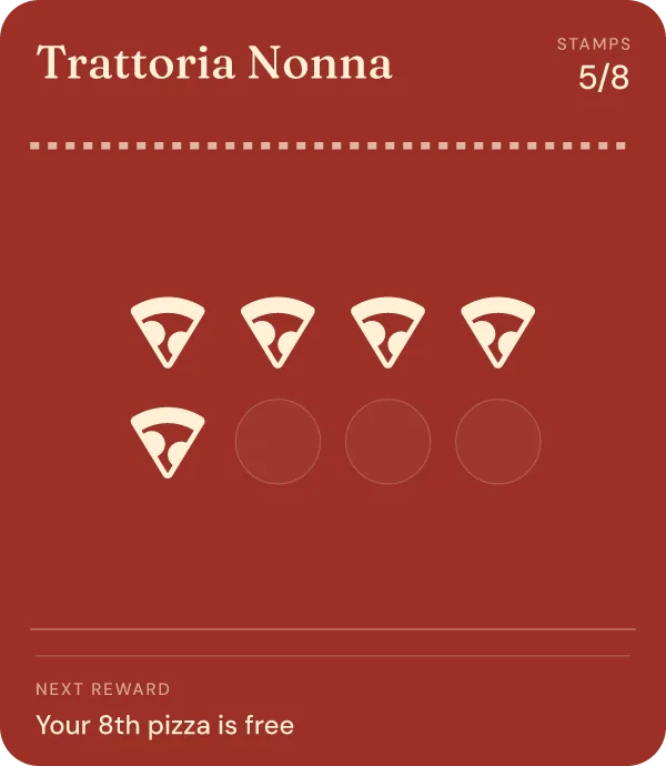 Trattoria Nonna loyalty card with stamps, in Apple Wallet