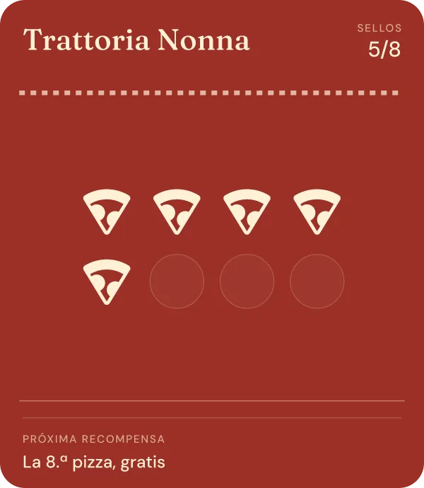 Tarjeta de fidelidad de Trattoria Nonna, con sellos, en Apple Wallet